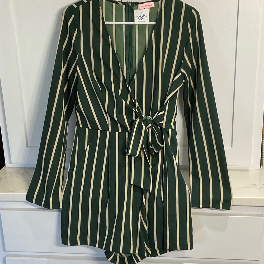 New Hunter Green and Toupe Striped Long Sleeve re:named Romper